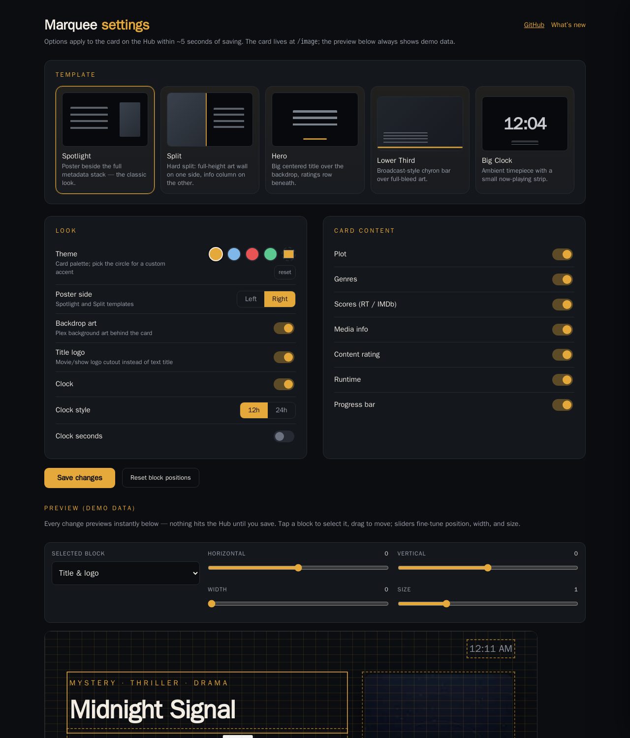 Marquee settings page