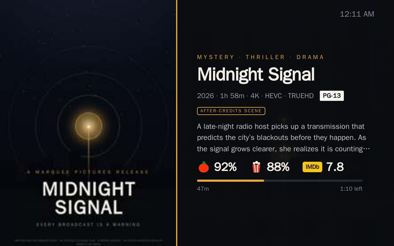Marquee's Split template: full-height movie poster beside title, ratings, and progress